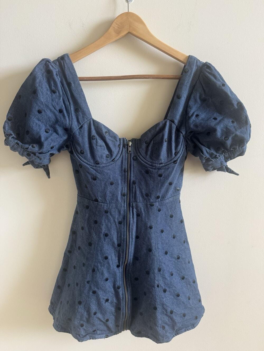 Tularosa Denim Mini Dress Juniors XS Polka Dot Puff Sleeve Western Corset Zipper